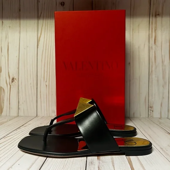 Valentino Garavani One Stud Leather Sandal Black Sz 36.5 / 6.5 - Picture 3 of 12